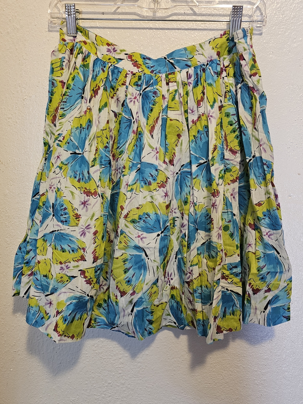 Blue and Lime Butterfly Print Midi Skirt